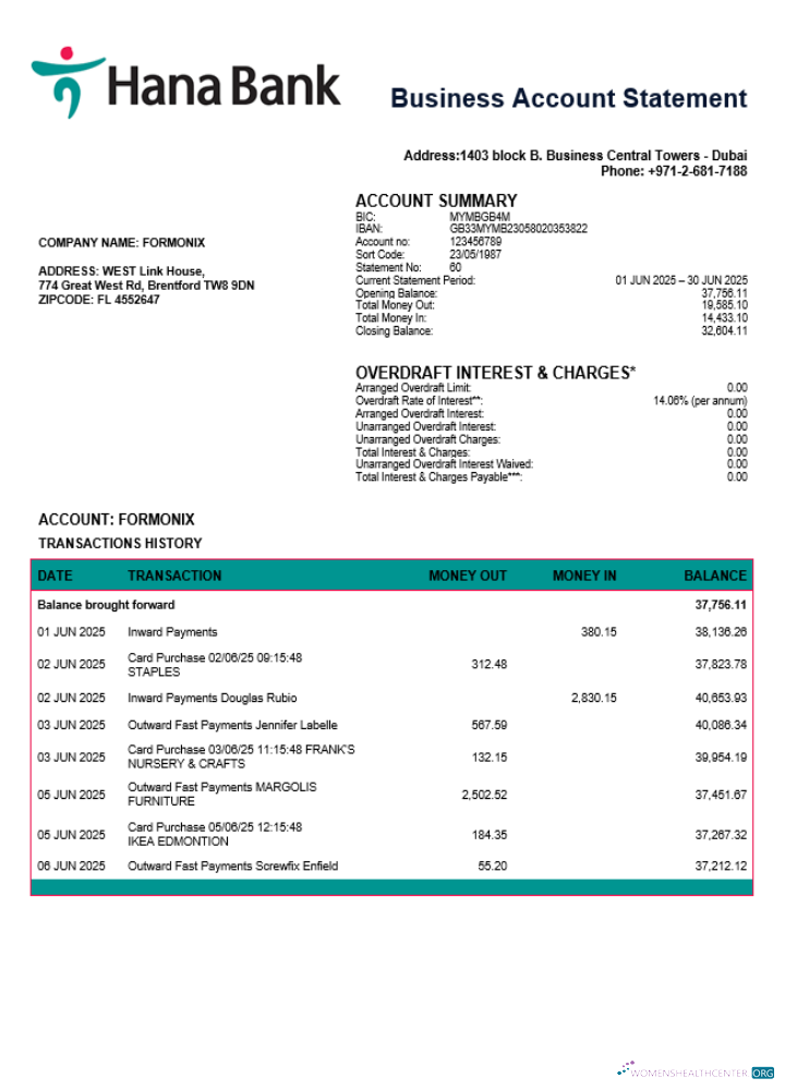 Download UAE Keb Hana company checking account statement Word and PDF template Photoshop template
